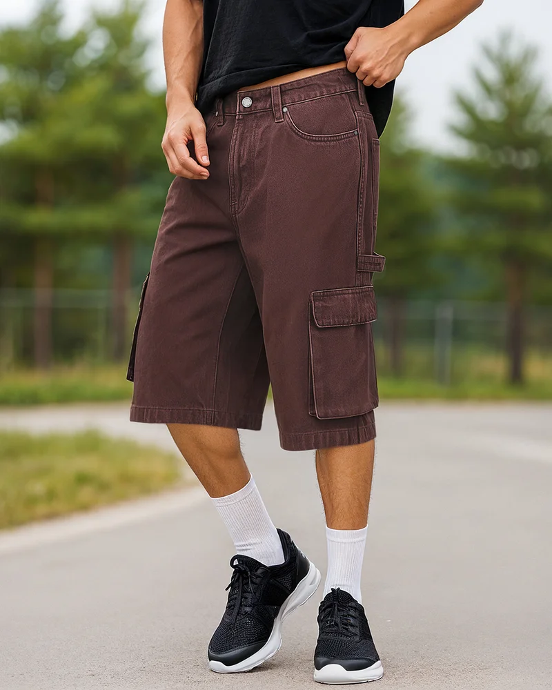 bewakoof Men's Brown Washed Baggy Fit Cargo Carpenter Shorts